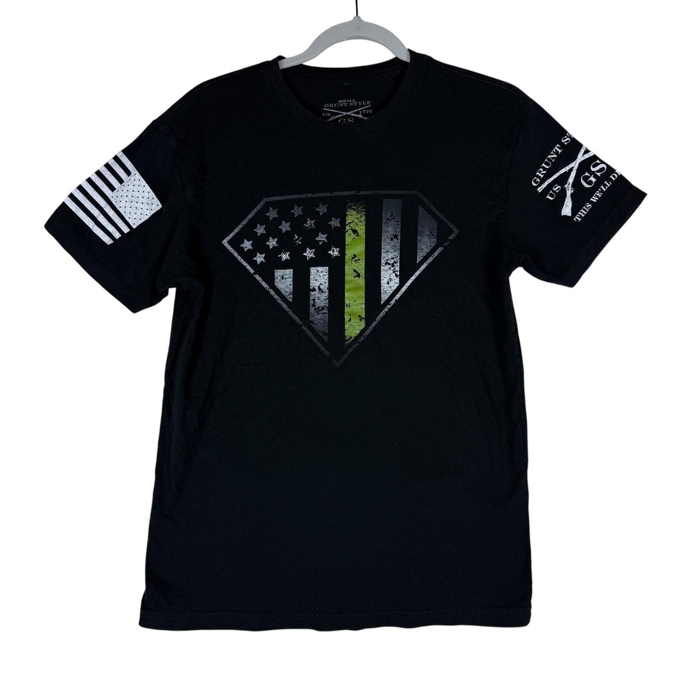 Grunt Style Shirt Mens Small Black Thin Green Line US Flag Superhero Graphic Tee